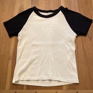 John Galt Bella Baseball Top Short Sleeve - Black & White Ribbed - Small